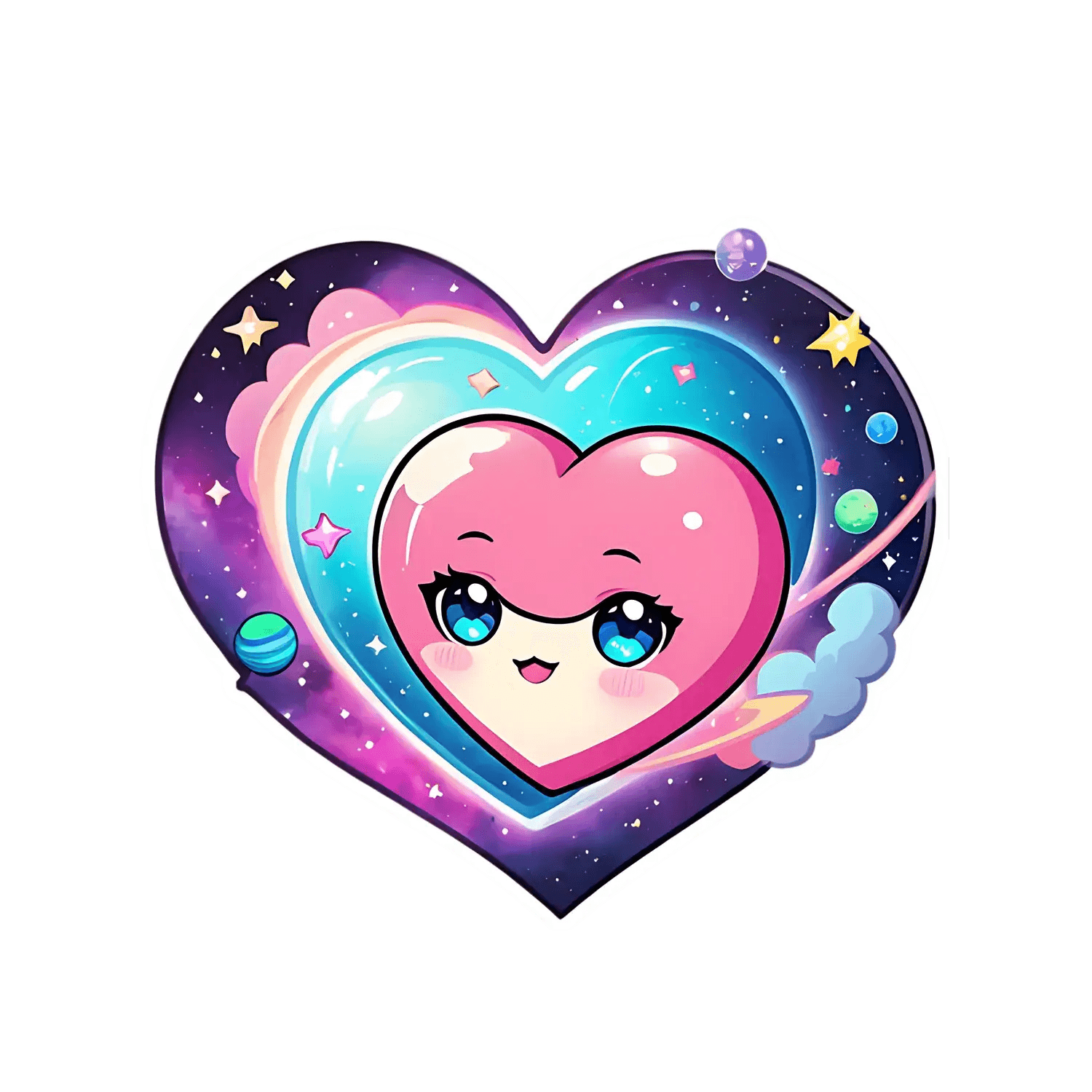 Kawaii Heart Sticker - Colorful Galaxy Theme - Heat Press Transfer