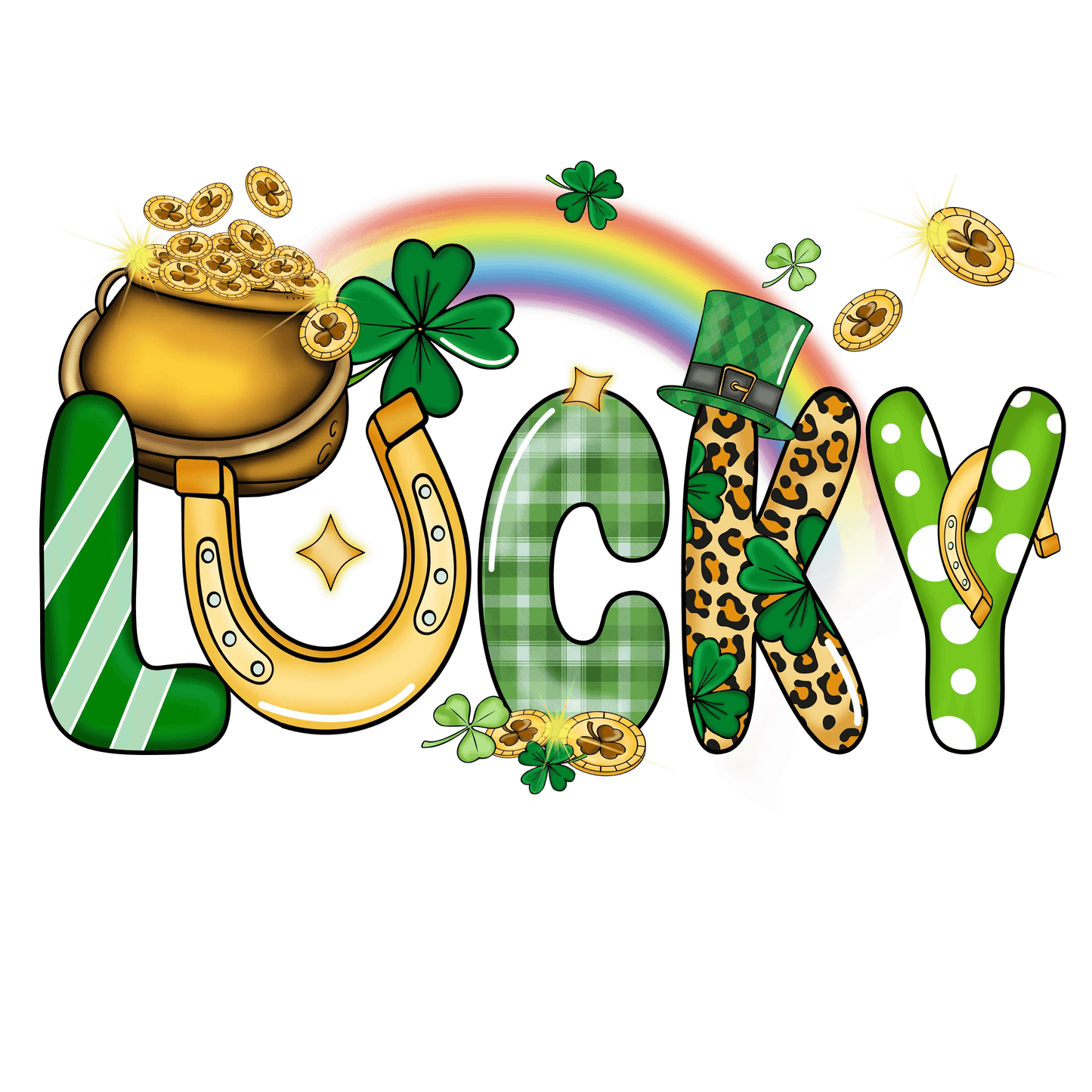 Lucky Saint Patrick's Day Rainbow Gold Design - DTF Ready To Press - Heat Press Transfer