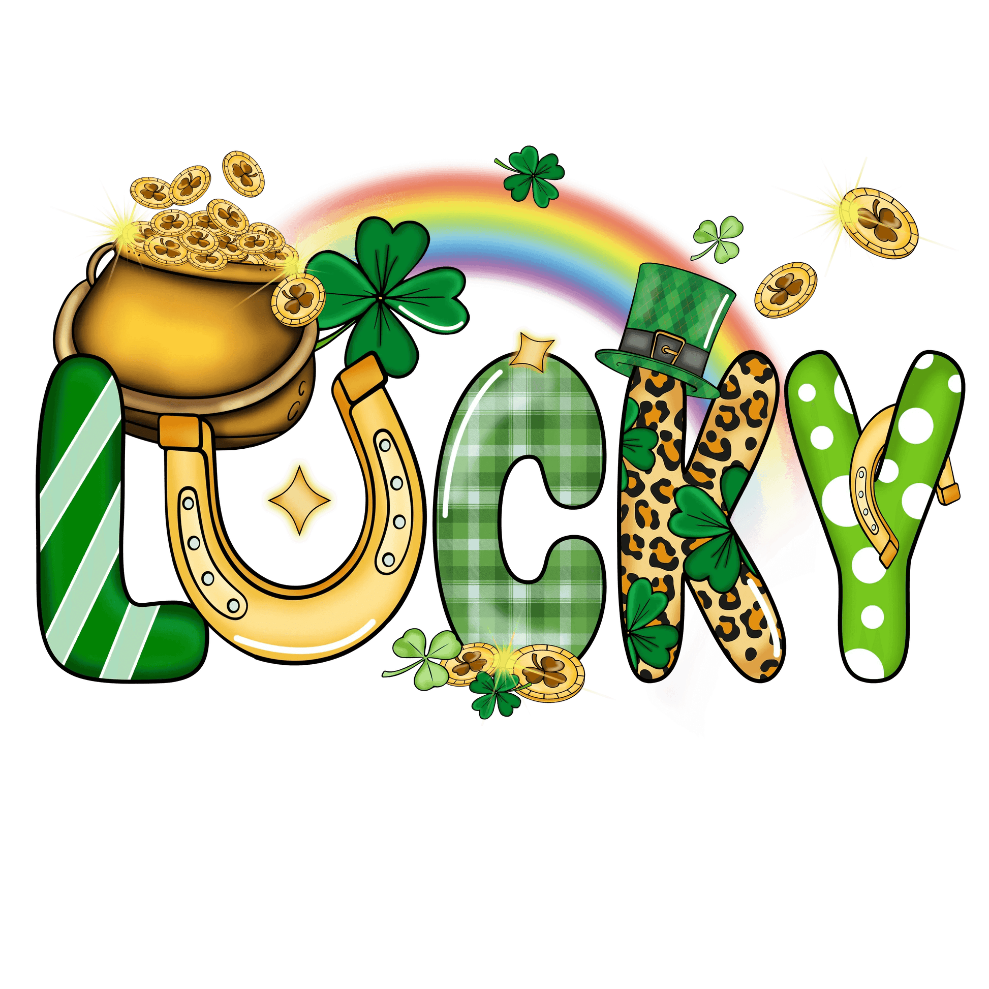 Lucky Saint Patrick's Day Rainbow Gold Design - DTF Ready To Press - Heat Press Transfer