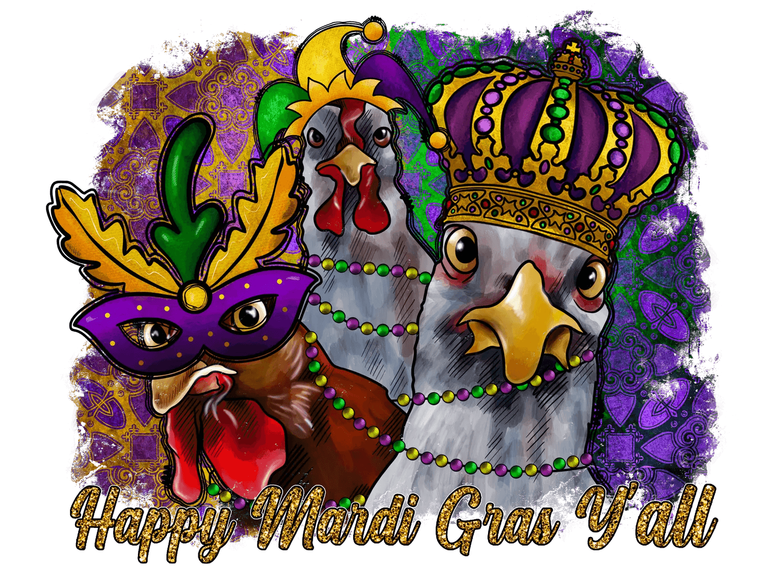 Mardi Gras Chickens - DTF Ready to Press - Heat Press Transfer