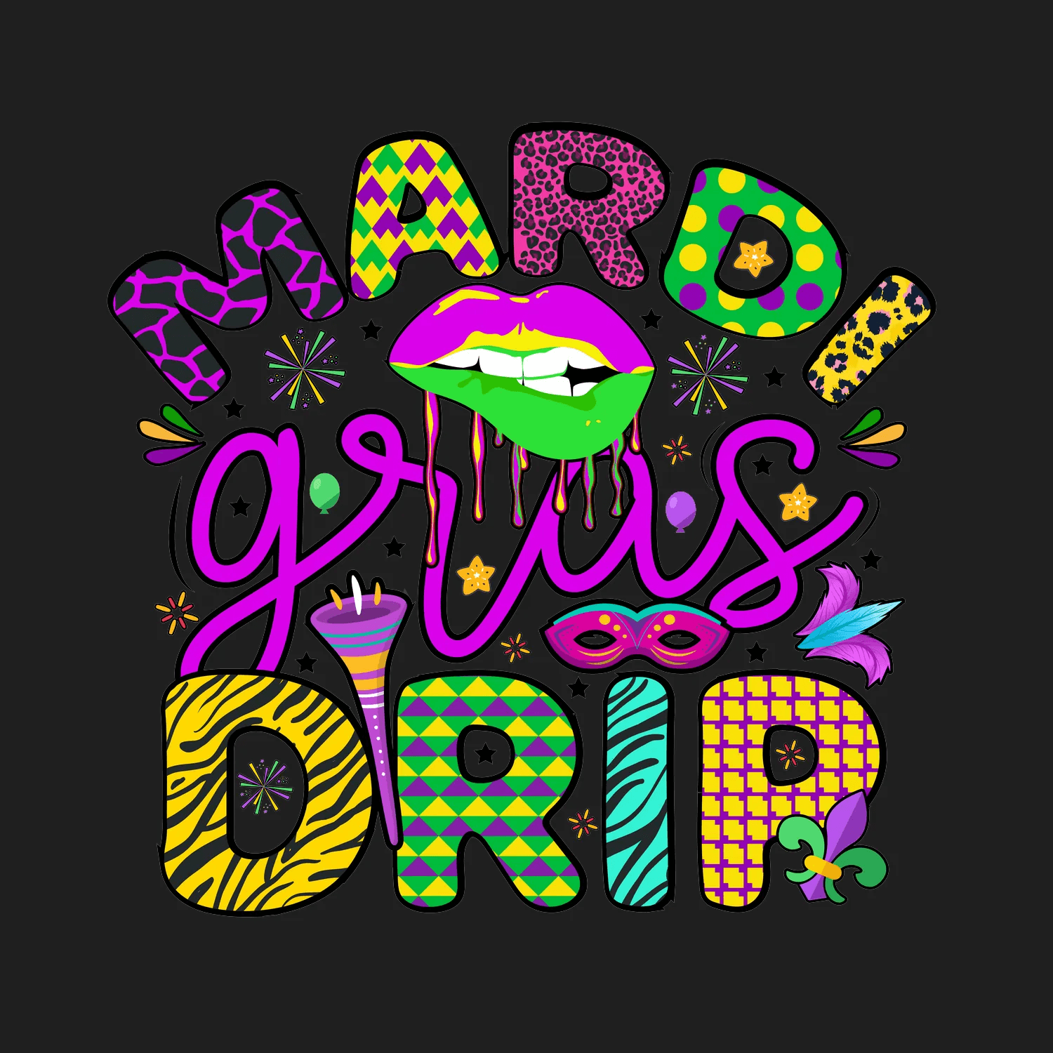 Mardi Gras Drip - DTF Ready to Press - Heat Press Transfer
