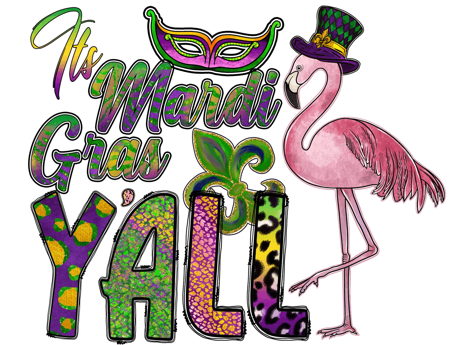 Mardi Gras Flamingo - DTF Ready to Press - Heat Press Transfer