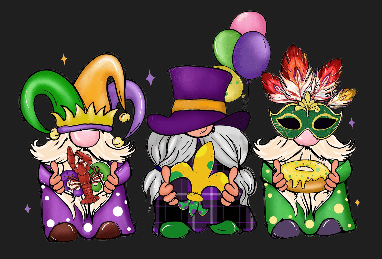 Mardi Gras Gnomes - DTF Ready to Press - Heat Press Transfer