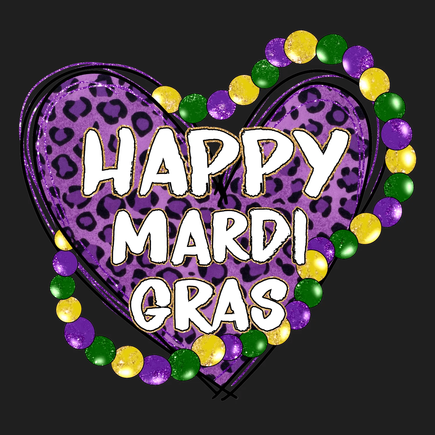 Mardi Gras Heart - DTF Ready to Press - Heat Press Transfer