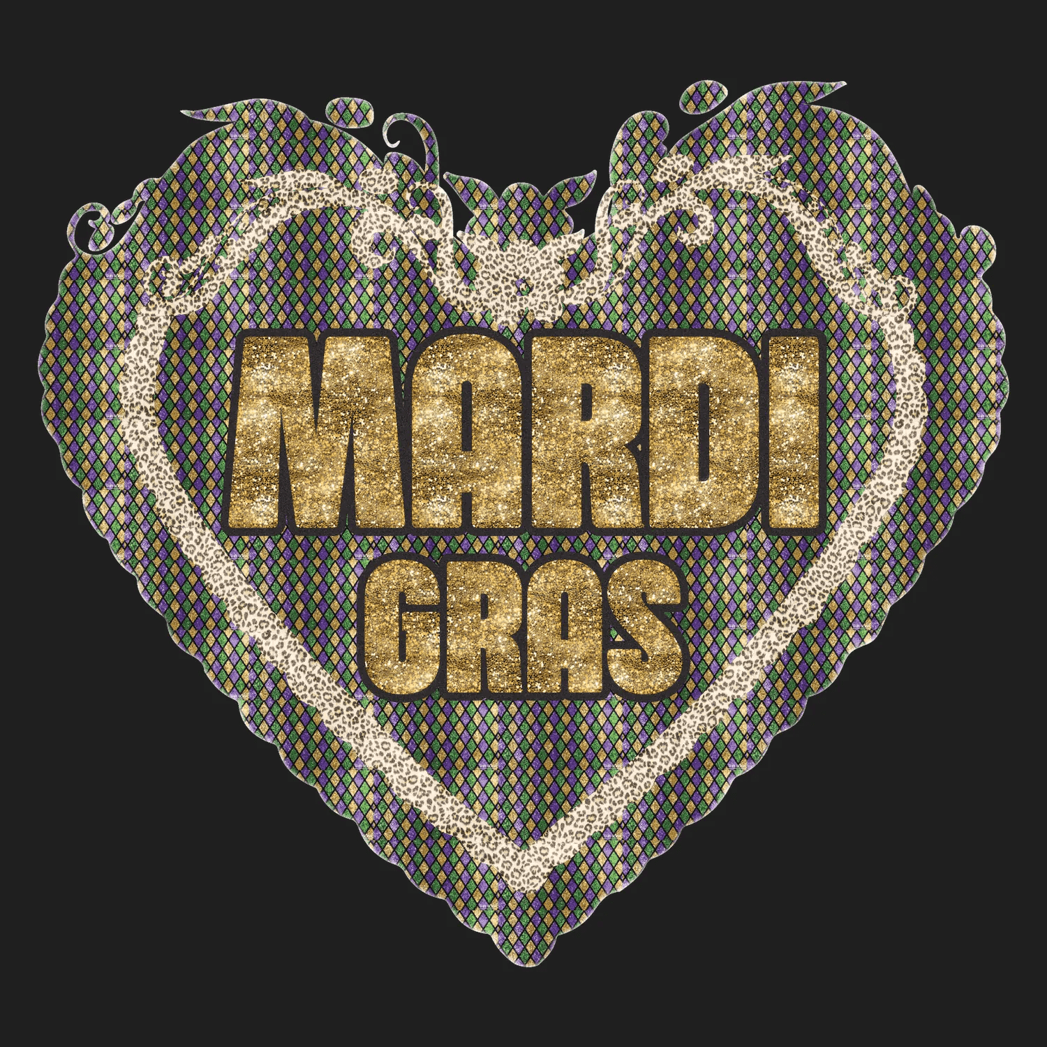 Mardi Gras Heart - DTF Ready to Press - Heat Press Transfer