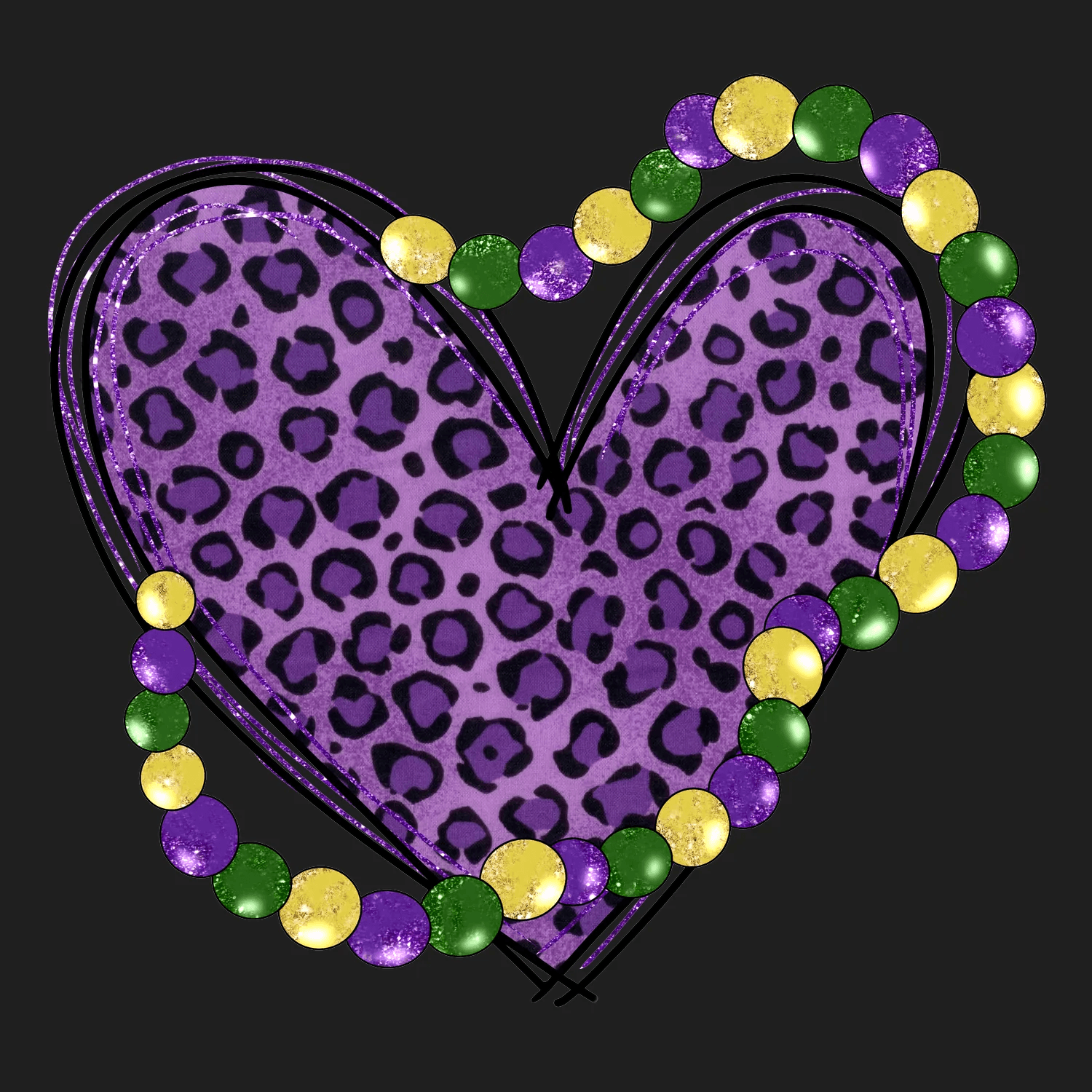 Mardi Gras Heart - DTF Ready to Press - Heat Press Transfer