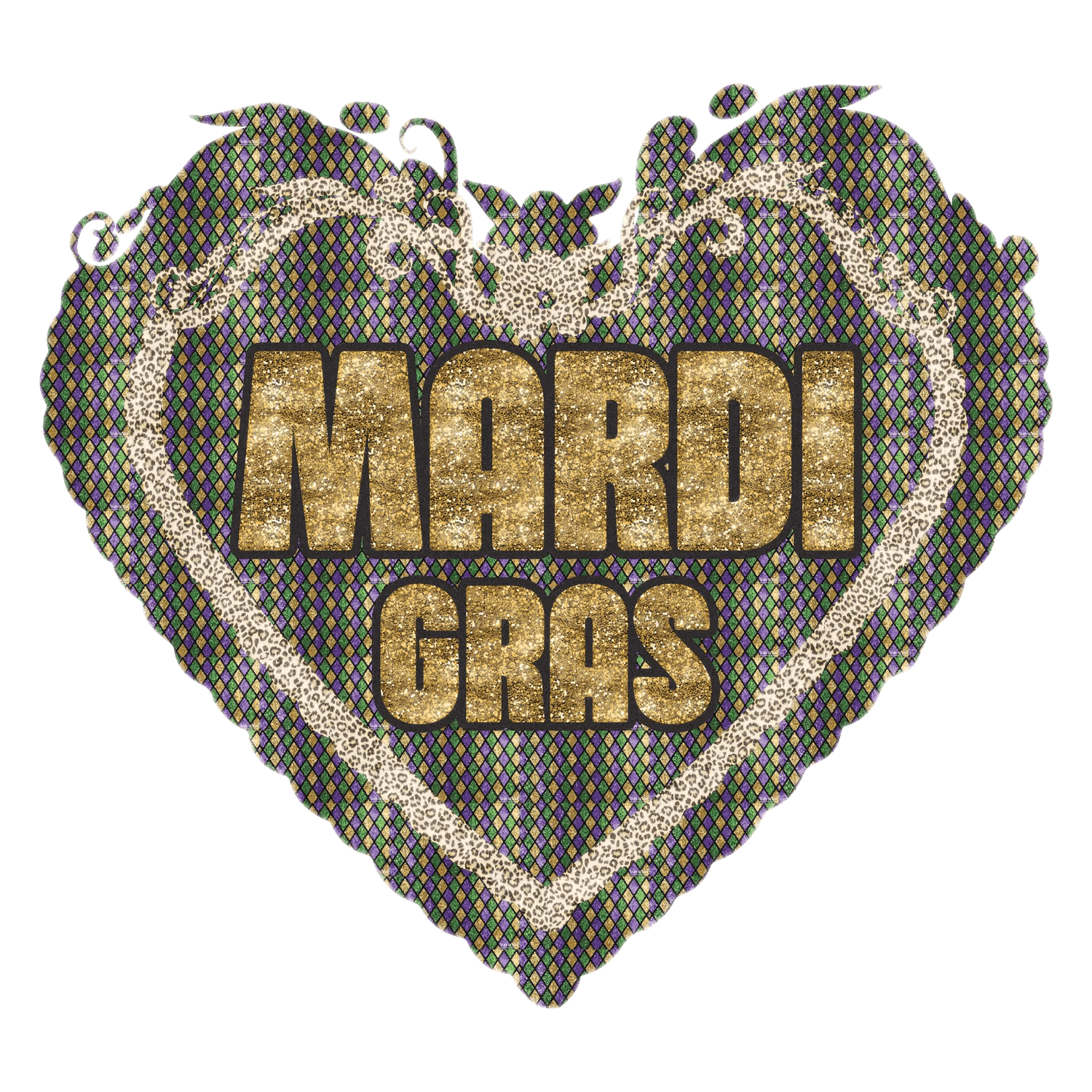 Mardi Gras Heart - DTF Ready to Press - Heat Press Transfer