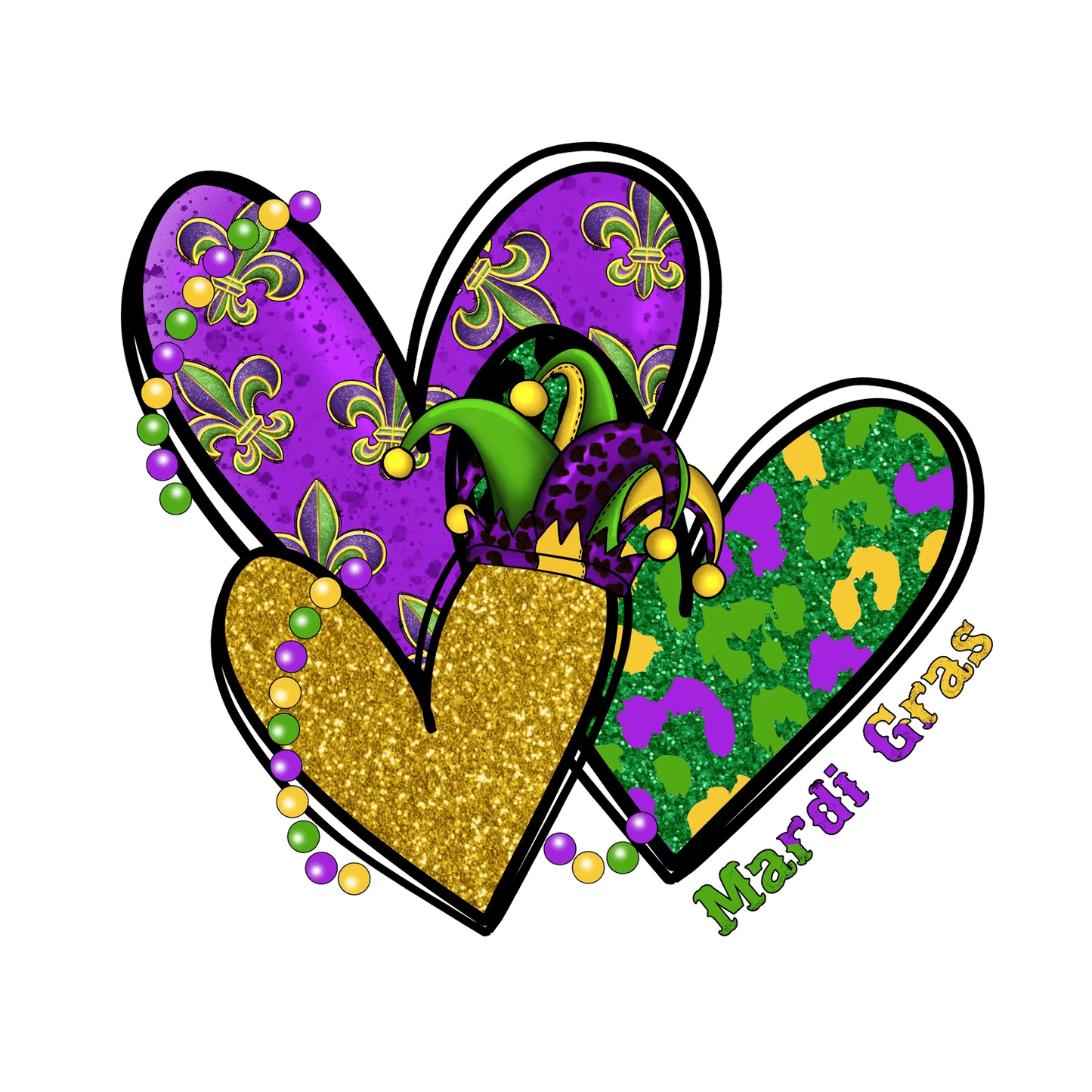Mardi Gras Hearts - DTF Ready to Press - Heat Press Transfer