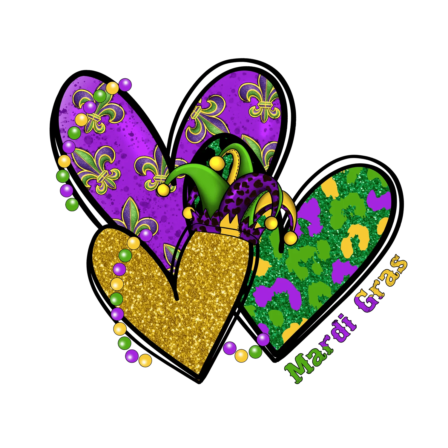 Mardi Gras Hearts - DTF Ready to Press - Heat Press Transfer