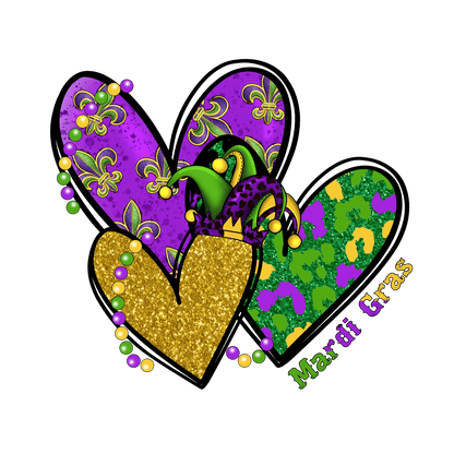 Mardi Gras Hearts - DTF Ready to Press - Heat Press Transfer