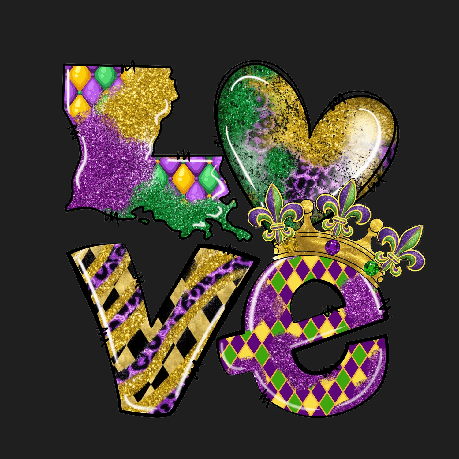 Mardi Gras Love - DTF Ready to Press - Heat Press Transfer