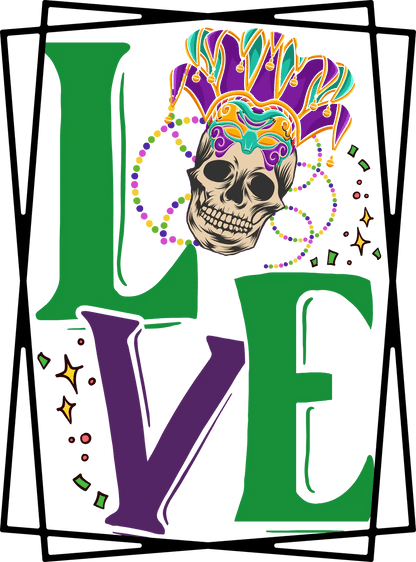 Mardi Gras Love Skull - DTF Ready to Press - Heat Press Transfer
