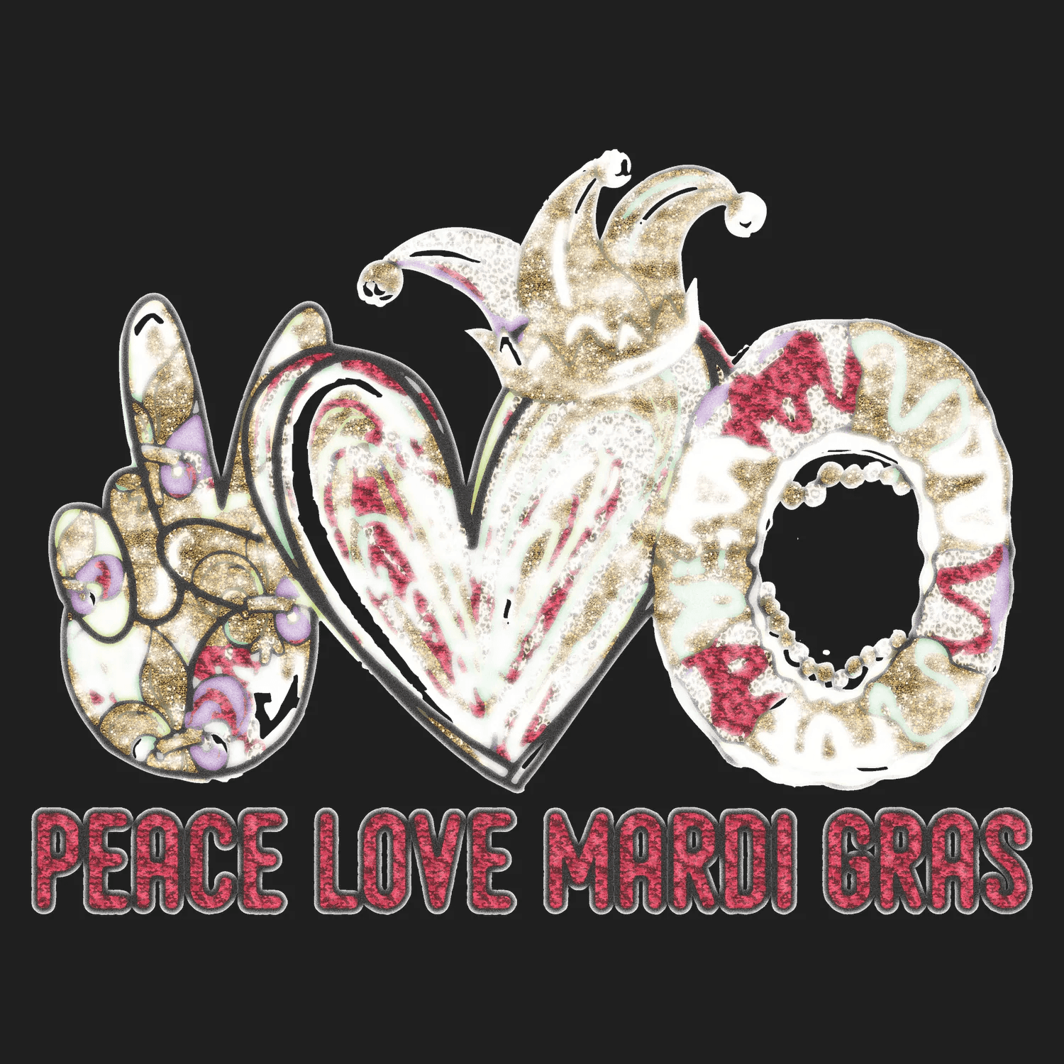 Mardi Gras Peace Love - DTF Ready to Press - Heat Press Transfer