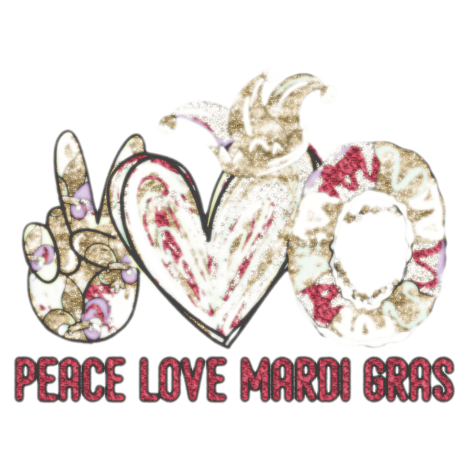 Mardi Gras Peace Love - DTF Ready to Press - Heat Press Transfer