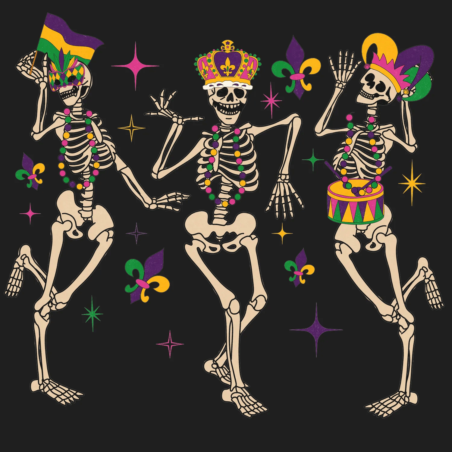 Mardi Gras Skeletons - DTF Ready to Press - Heat Press Transfer