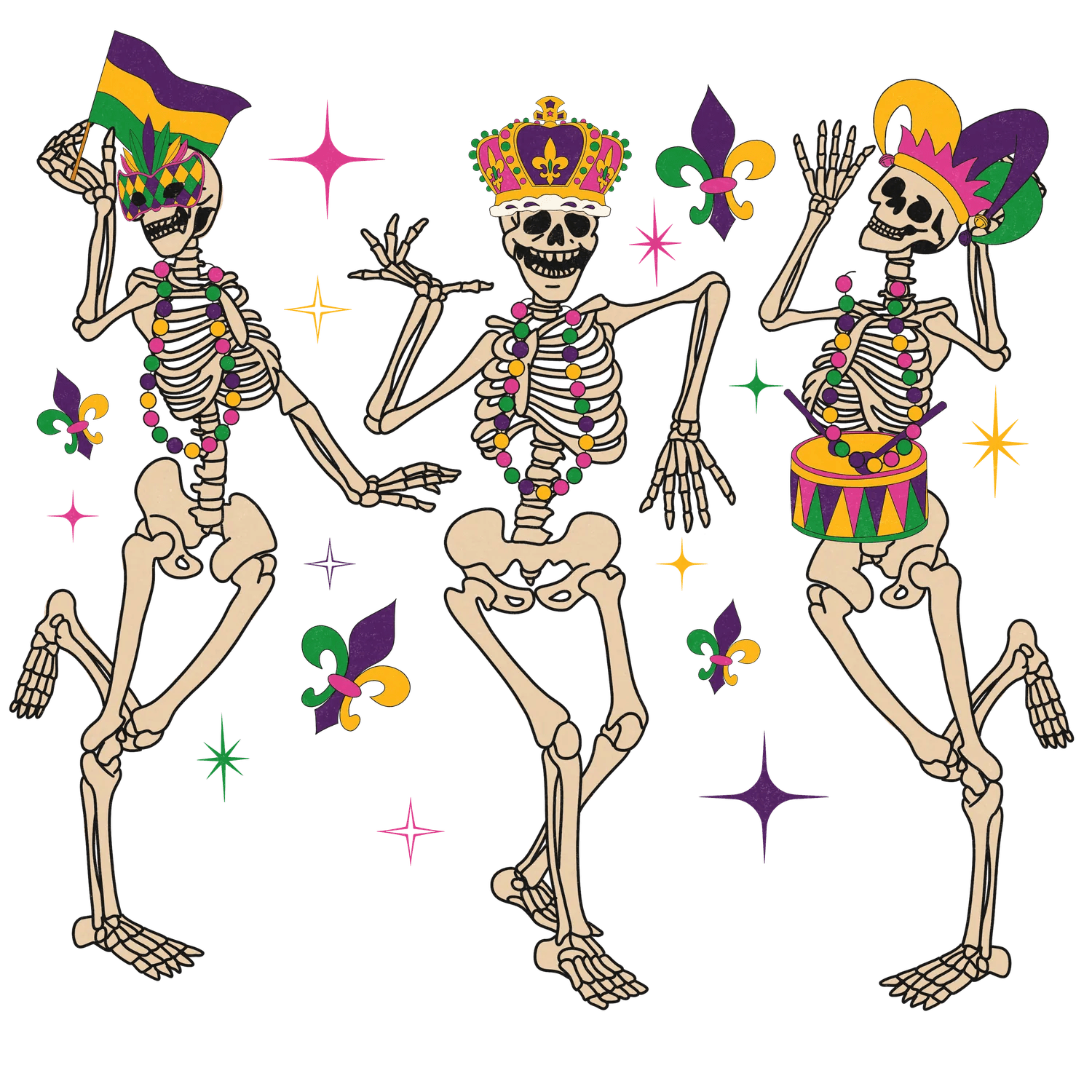 Mardi Gras Skeletons - DTF Ready to Press - Heat Press Transfer