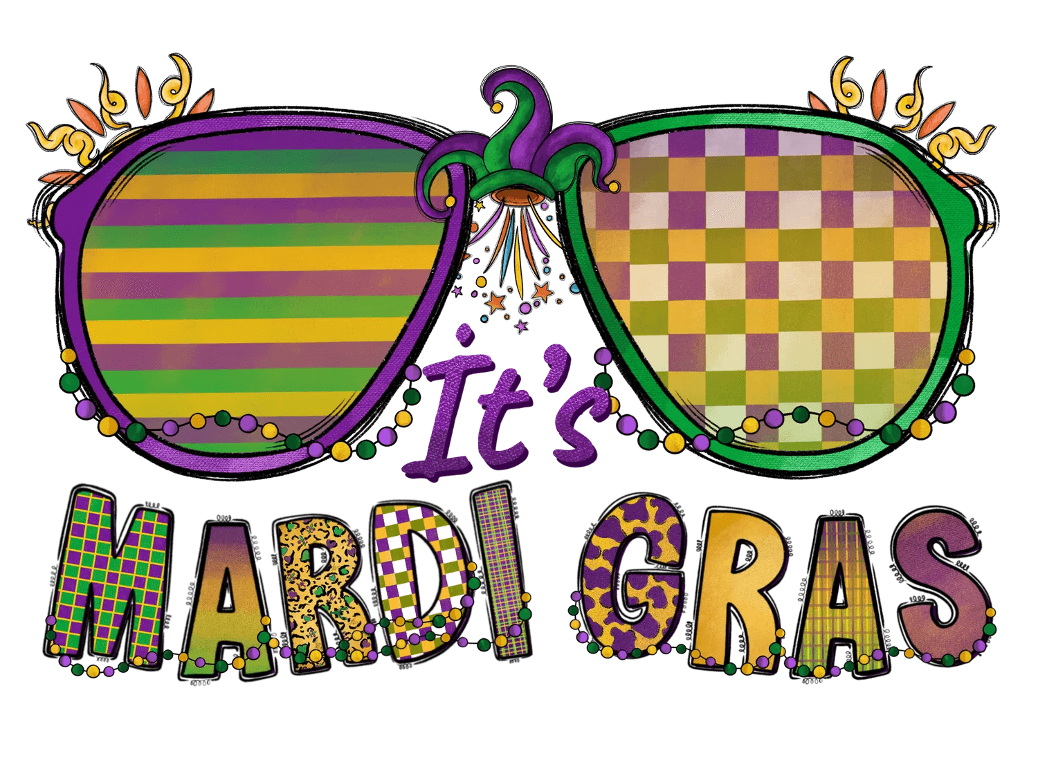 Mardi Gras Sunglasses - DTF Ready to Press - Heat Press Transfer