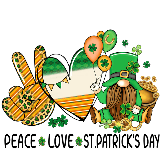 Peace Love Saint Patrick's Day Gnome Design - DTF Ready To Press - Heat Press Transfer