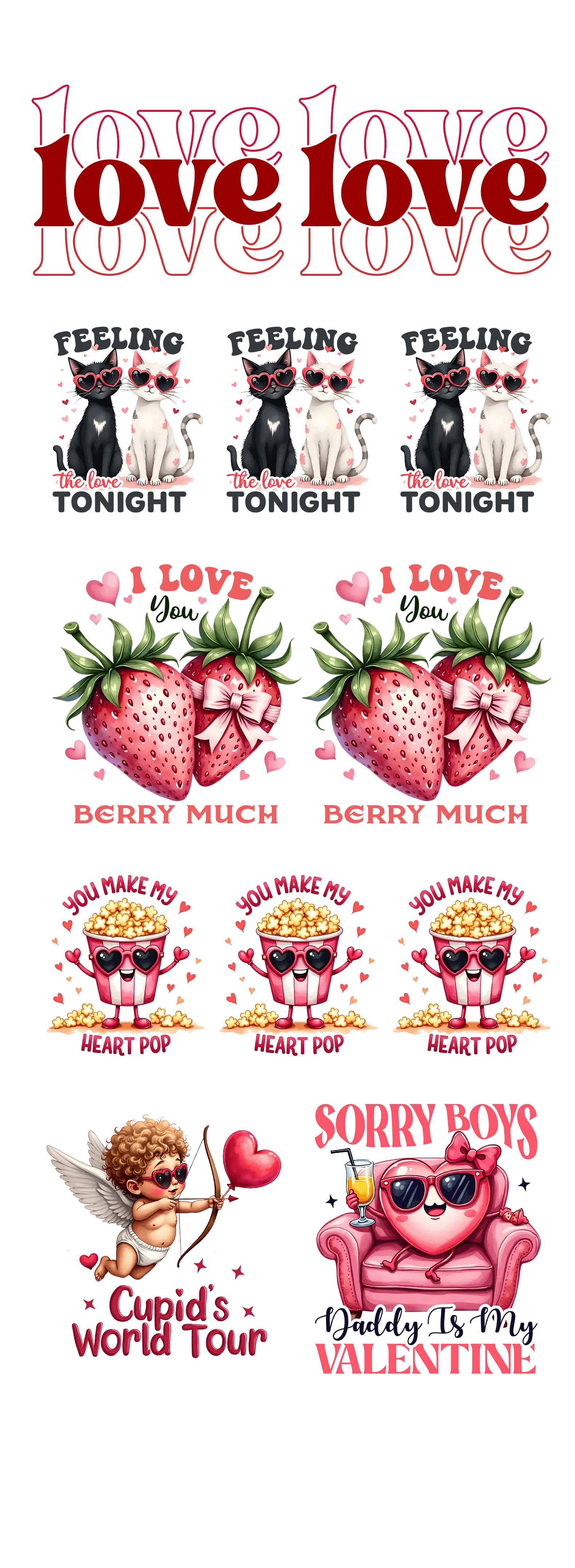 Playful Love: Valentine’s Day DTF Gang Sheet 22"x60" Premade DTF Gang Sheet - Heat Press Transfer