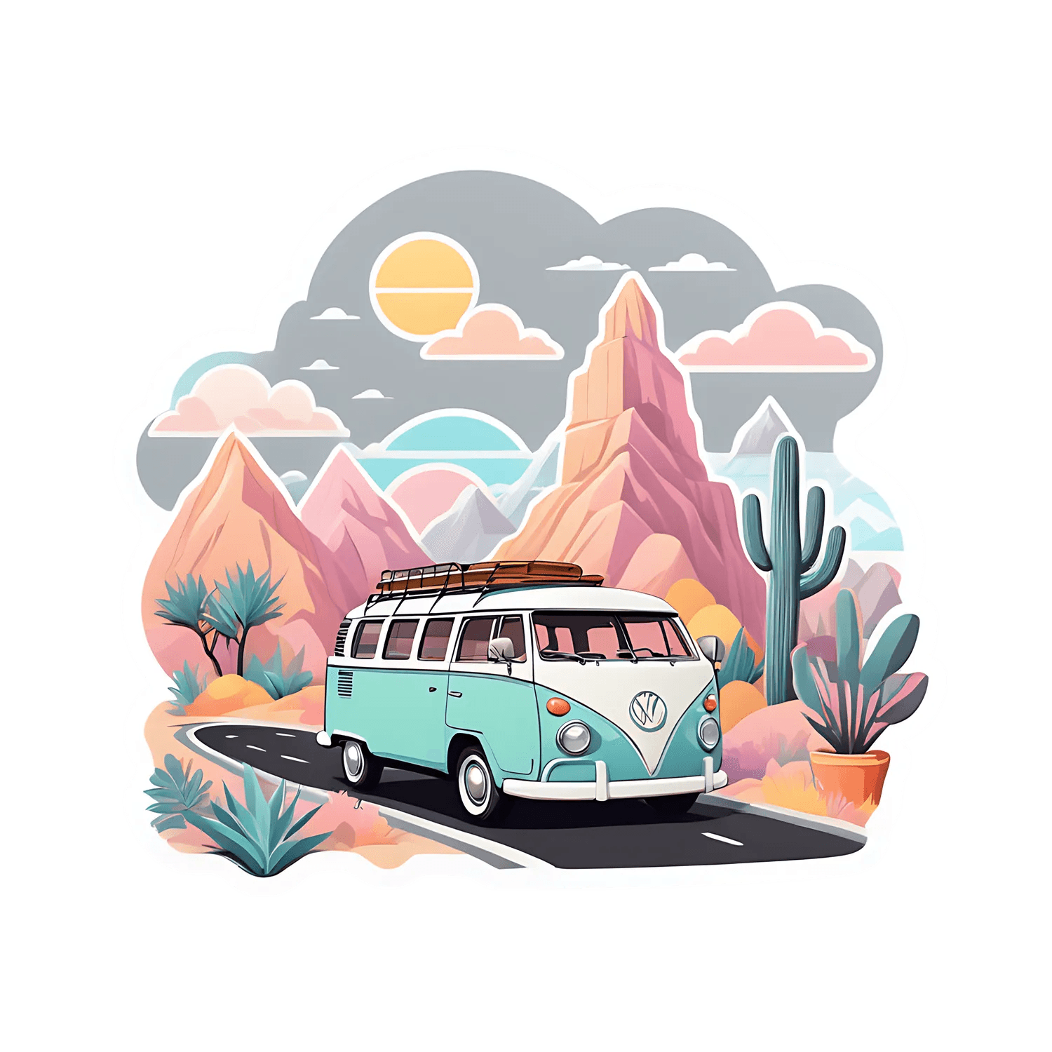 Retro Camper Van Sticker - Scenic Desert Adventure - Heat Press Transfer