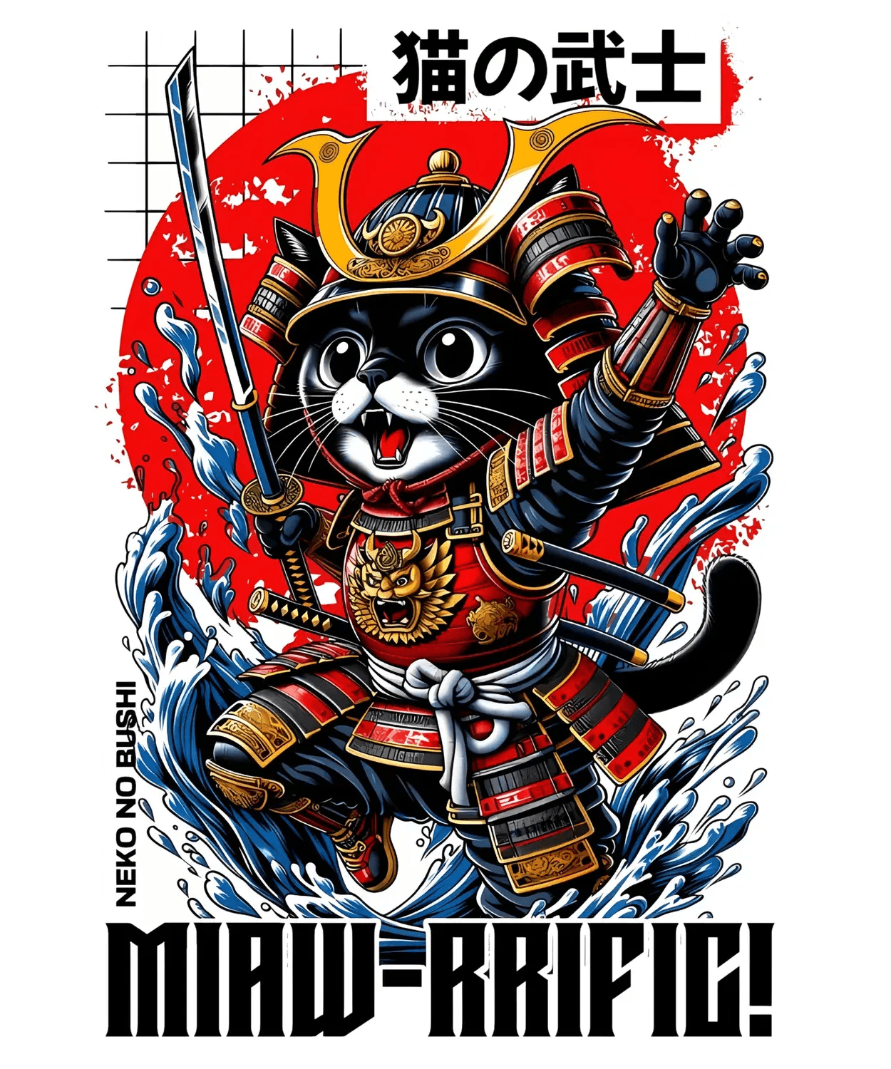 Samurai Cat T-Shirt - DTF Ready to Press - Heat Press Transfer