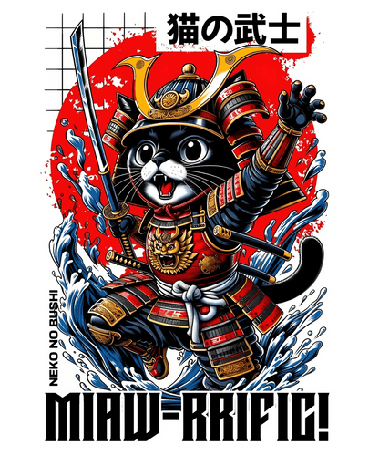 Samurai Cat T-Shirt - DTF Ready to Press - Heat Press Transfer