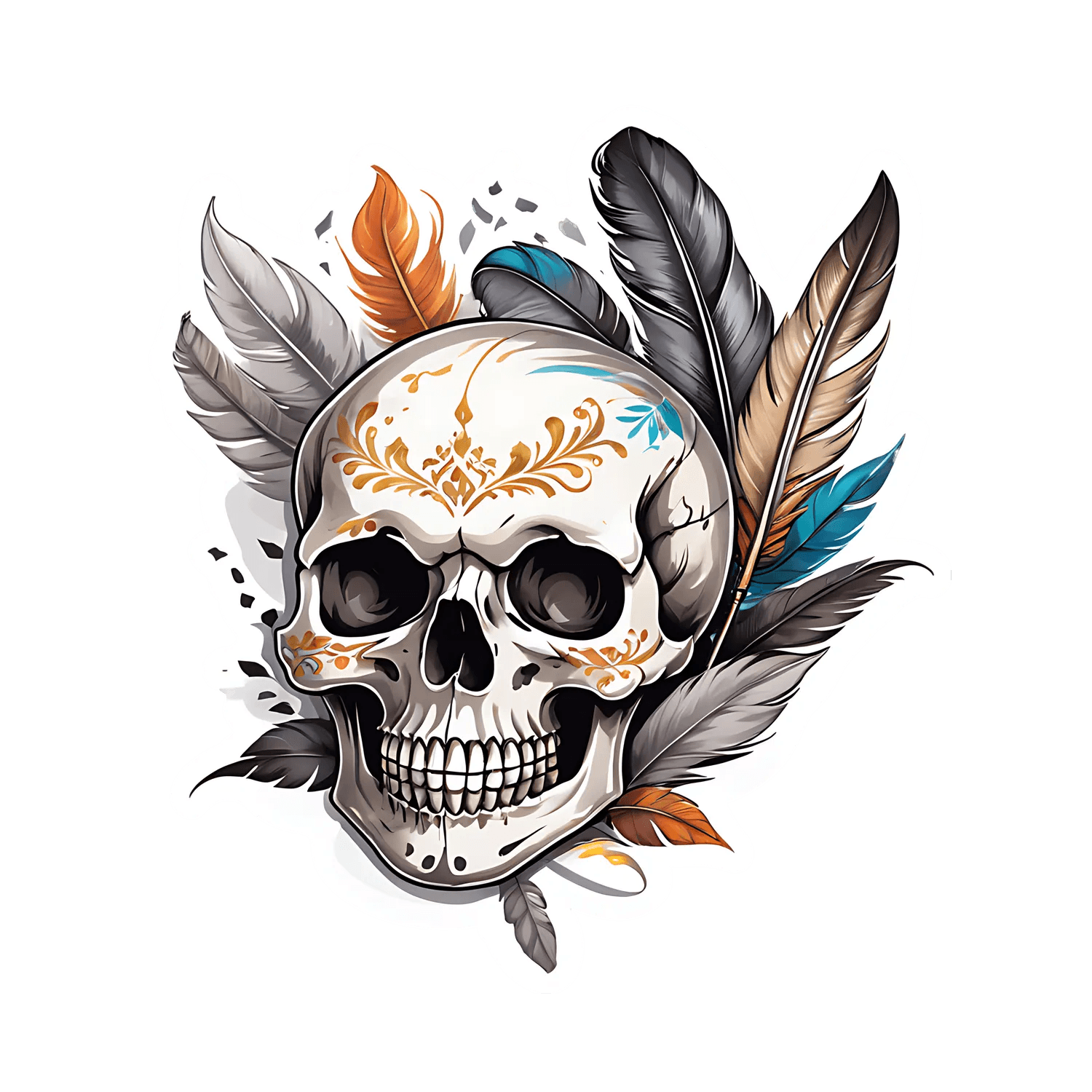 Skull Feather Sticker - Ornate UV Design - Heat Press Transfer