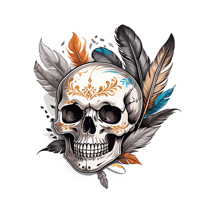 Skull Feather Sticker - Ornate UV Design - Heat Press Transfer