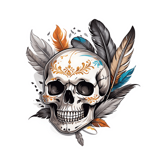 Skull Feather Sticker - Ornate UV Design - Heat Press Transfer