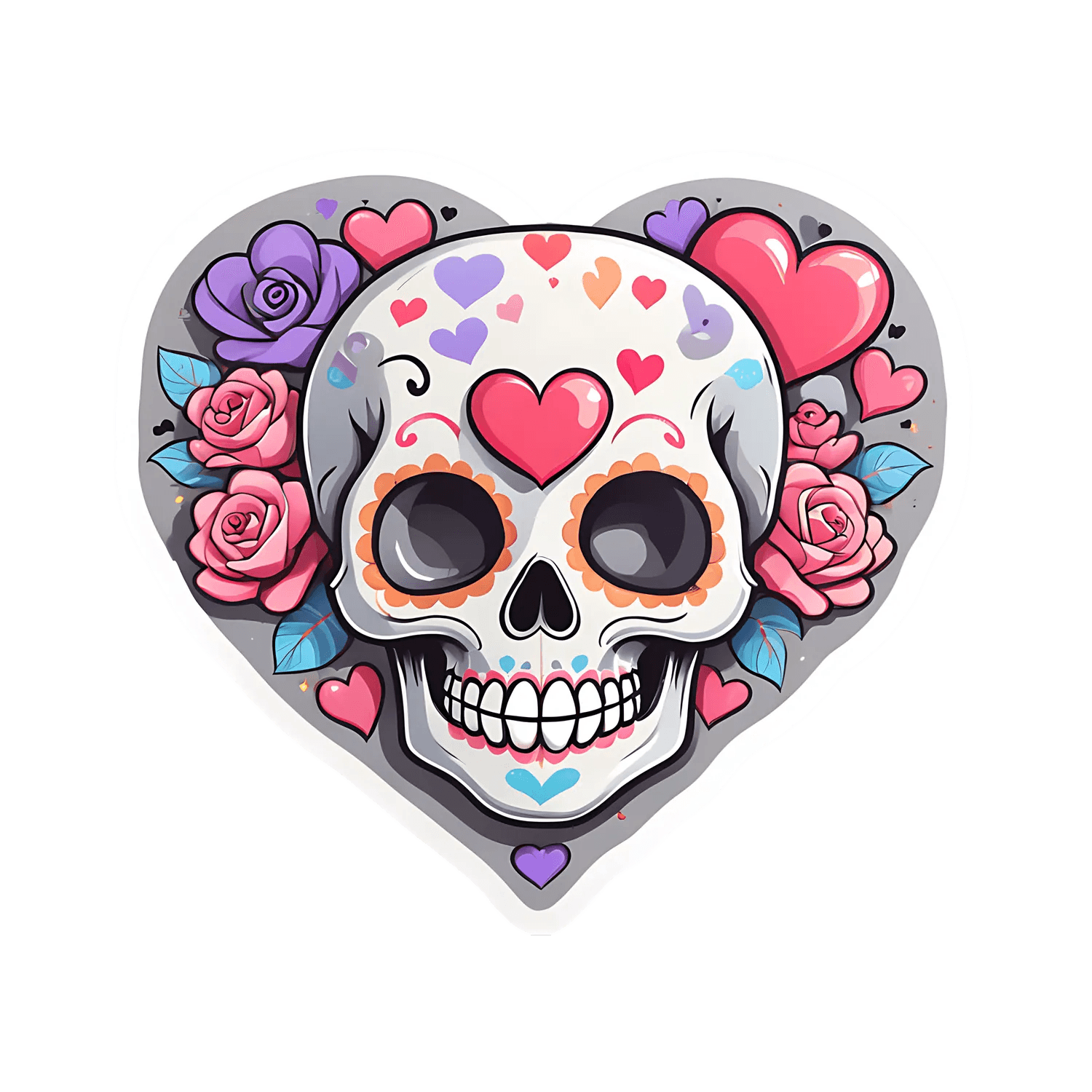 Skull Love Heart - Floral Sticker - Heat Press Transfer