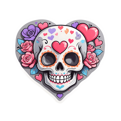 Skull Love Heart - Floral Sticker - Heat Press Transfer