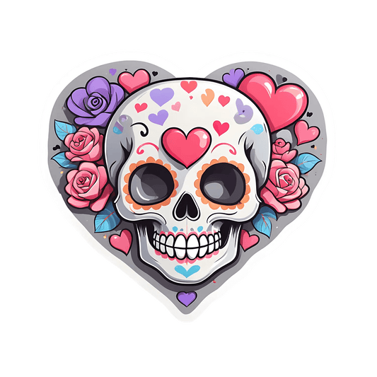 Skull Love Heart - Floral Sticker - Heat Press Transfer