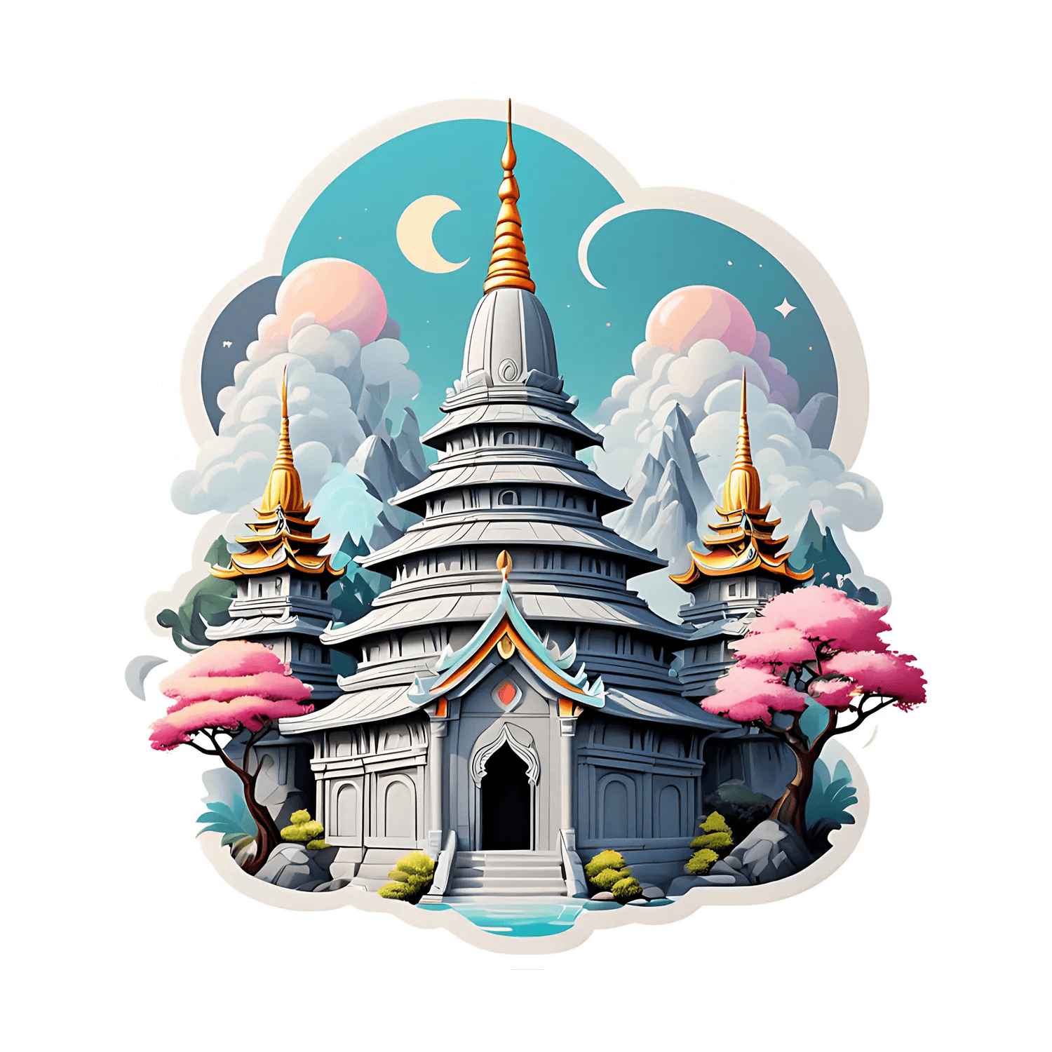 Temple Pagoda - Moonlight Sticker - Heat Press Transfer