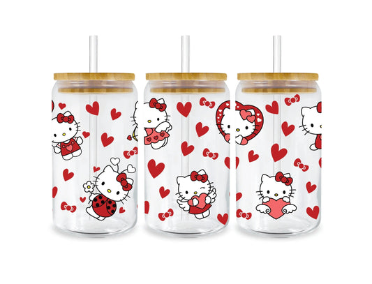 UV DTF 16 Oz Libbey Glass Cup Wrap - Hello Kitty Valentine's Day Delight - Heat Press Transfer