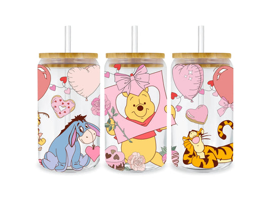 UV DTF 16 Oz Libbey Glass Wrap - Disney's Winnie The Pooh & Friends Valentine's Edition - Heat Press Transfer