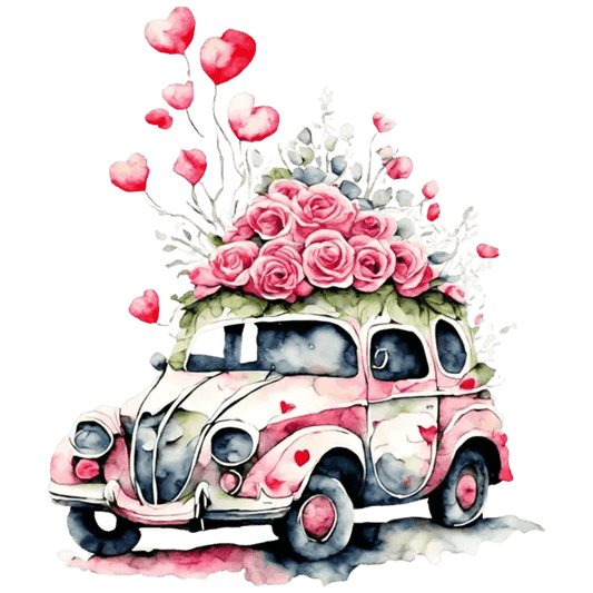 Valentine's Day Car And Roses Design - DTF Ready To Press - Heat Press Transfer